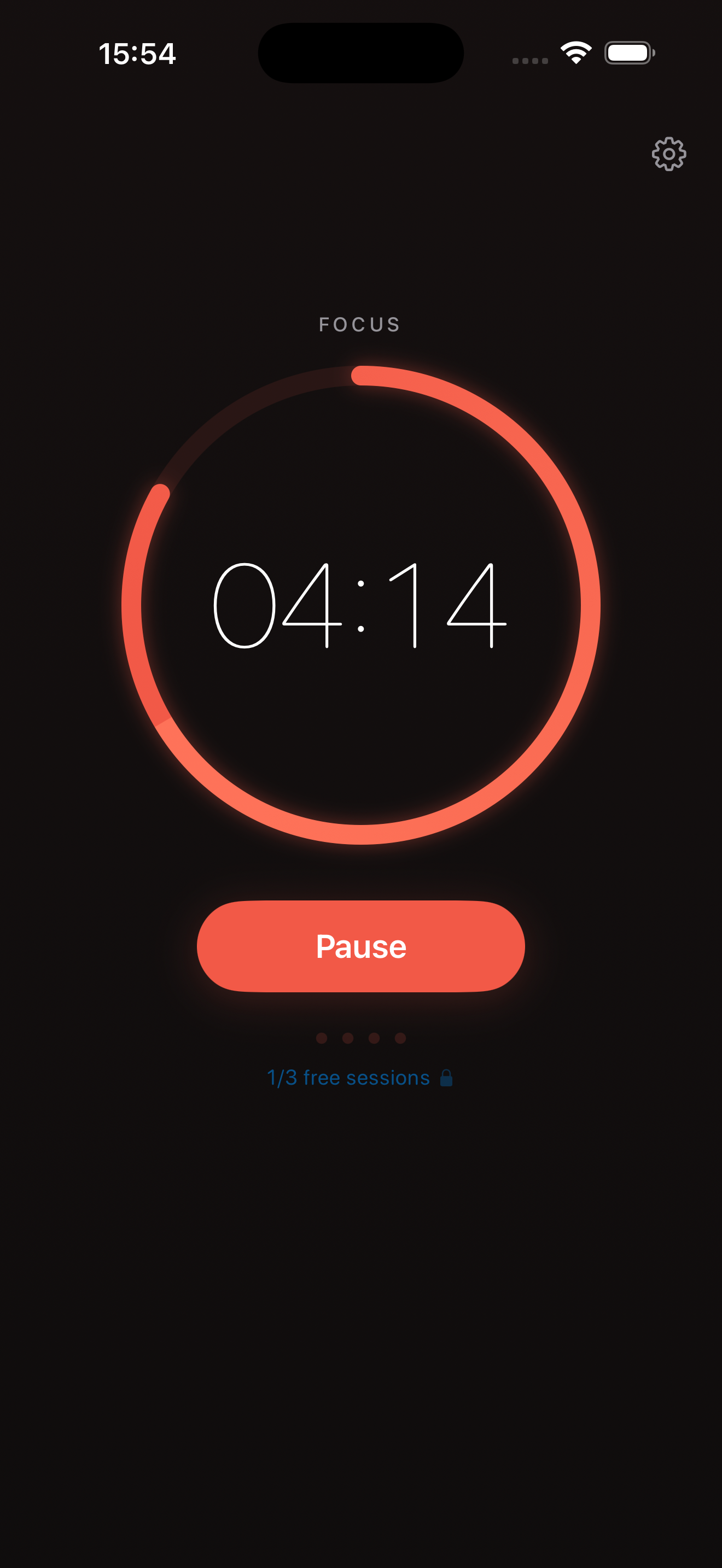 Pomino focus timer in dark mode showing 04:14 remaining with glowing coral ring