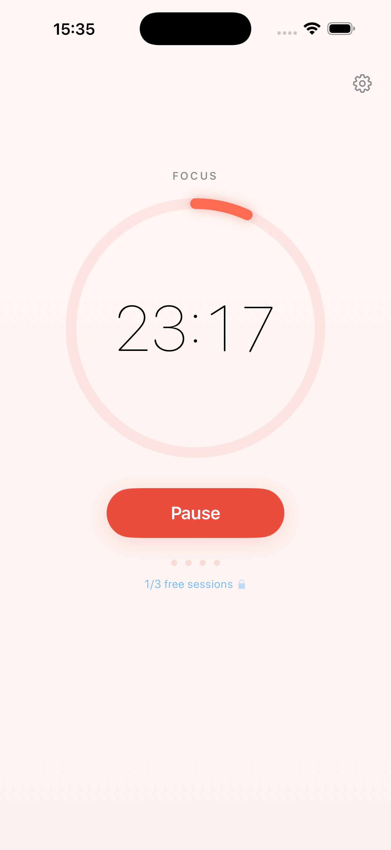 Pomino focus timer running in light mode showing 23:17 remaining