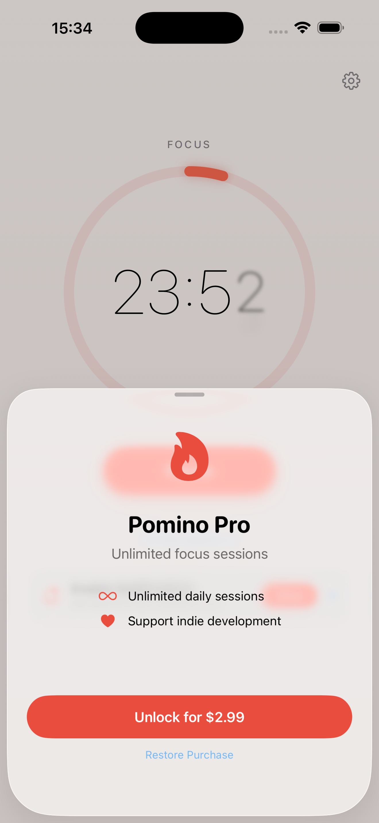 Pomino Pro upgrade screen showing $2.99 one-time purchase with flame icon